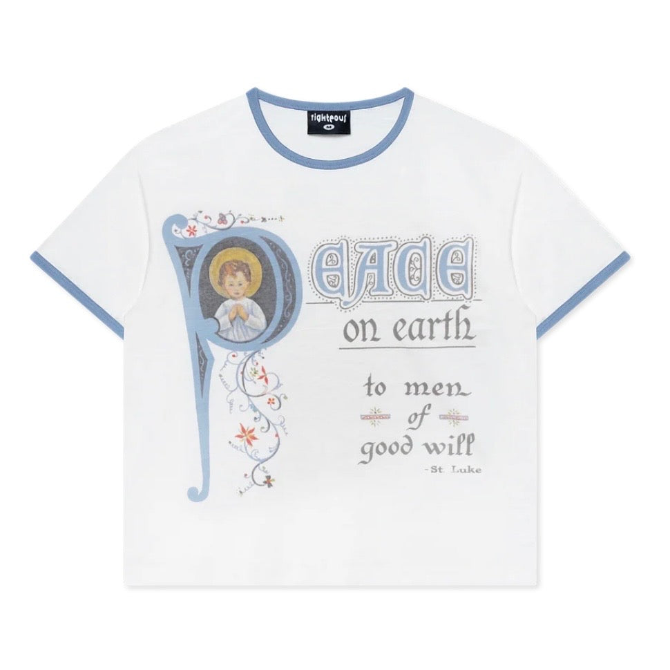 We Are Righteous Peace On Earth Ringer Tee front with blue trim and illuminated manuscript print