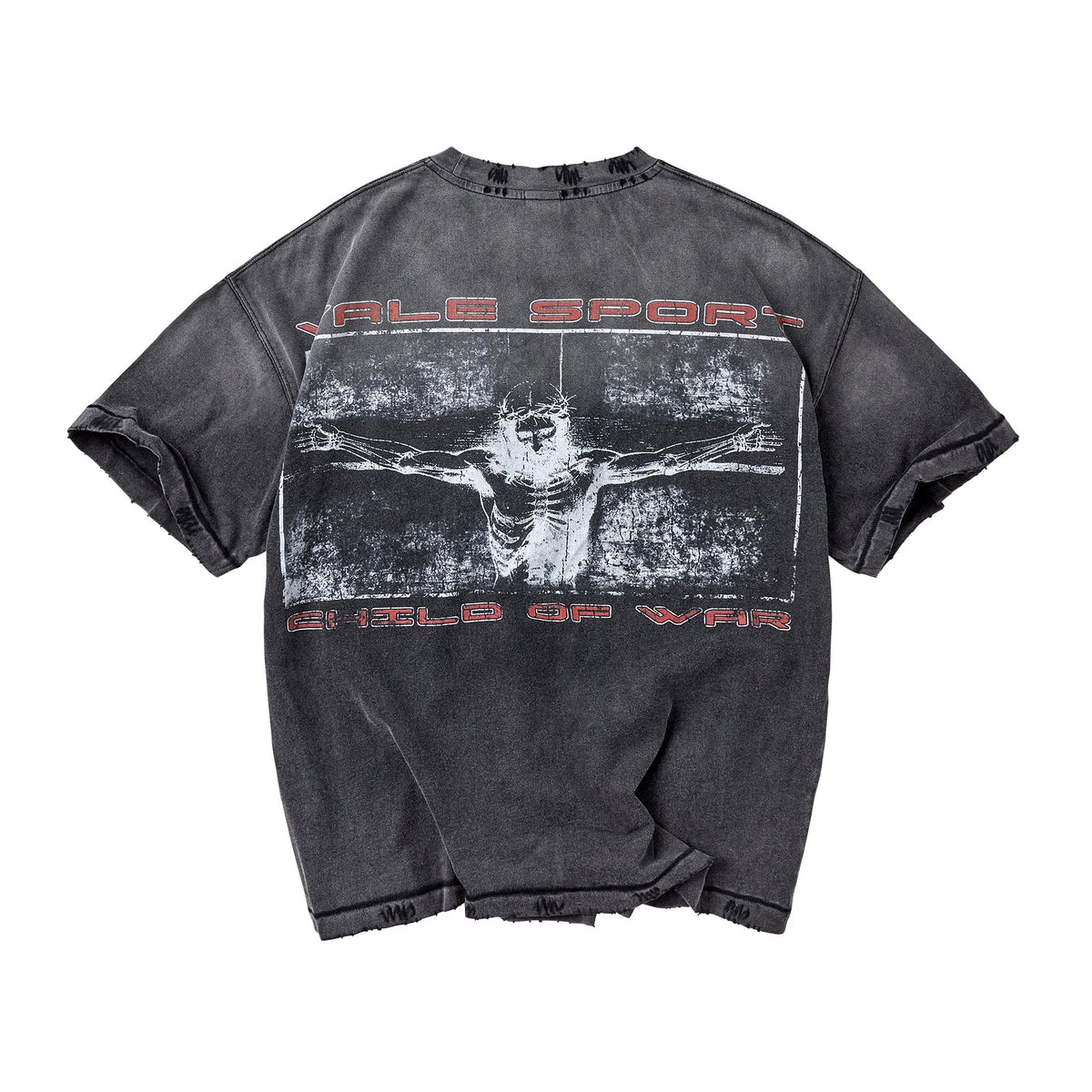 Vale Holy Spirit Tee back - large crucifixion print with faded red VALE SPORT lettering above and below