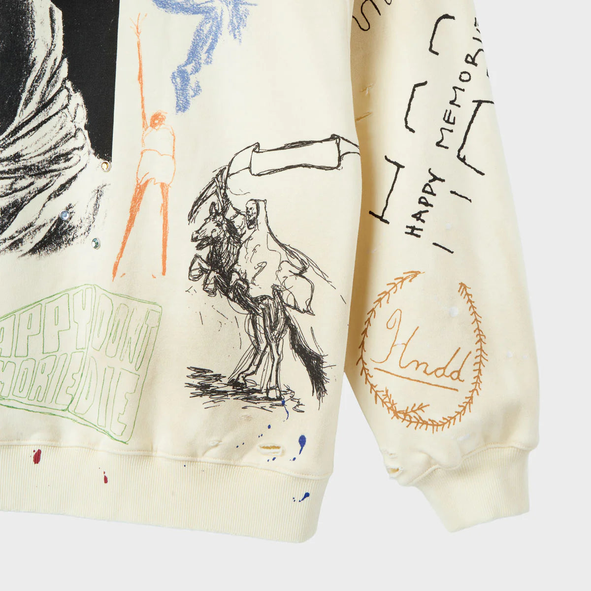 HMDD Sketch Hoodie, detail of the sleeve and ribbed hem with pencil figure drawings and an orange hmdd wreath graphic