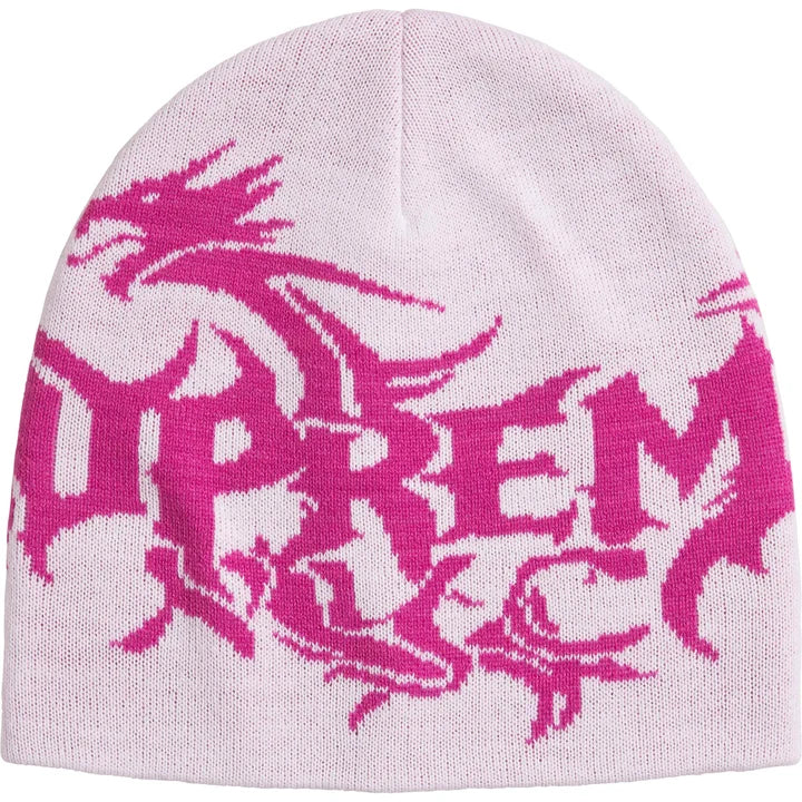 Supreme Dragon beanie in a very pale pink tone with a magenta knit dragon wrapped around Supreme NYC lettering