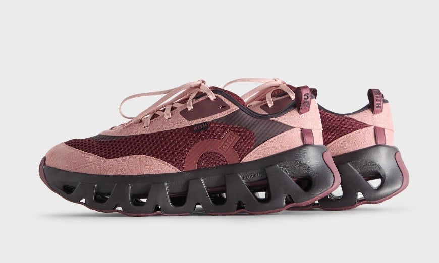 Kith On Running K-Tech 2 Ruby Ox, pair in side view with burgundy mesh, dusty pink suede overlays, pink laces and a sculpted black sole