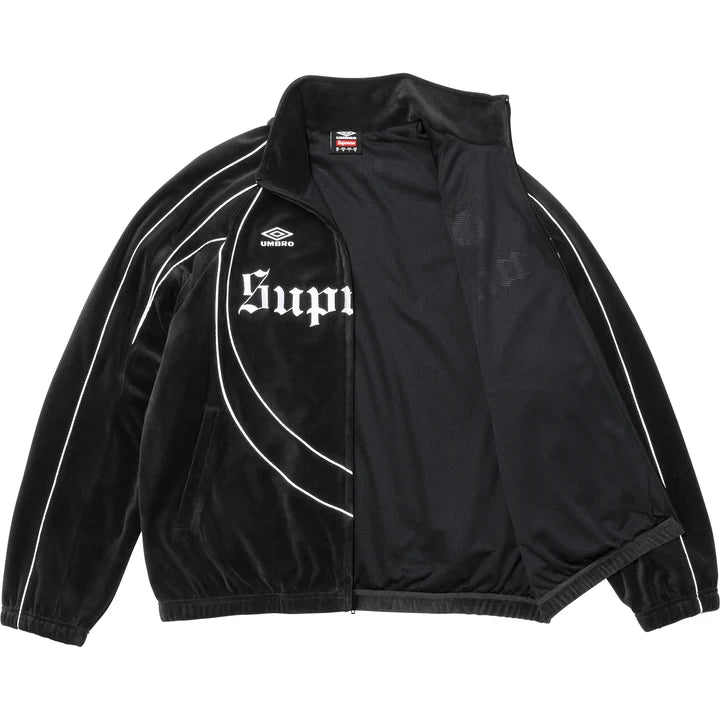 Supreme x Umbro Black Velour Track Jacket shown part unzipped, revealing the interior lining