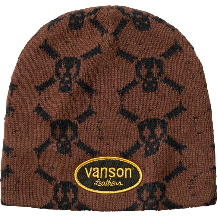Back of the brown Supreme x Vanson skull beanie with an oval Vanson Leathers patch