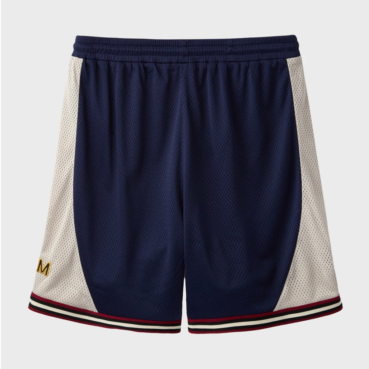 HMDD UE Basketball Shorts, closer view of the navy mesh panels, cream side inserts and maroon and gold hem stripes