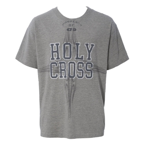 Hellstar Black Holy Cross T-Shirt, heather grey tee with a Property Of arch over collegiate HOLY CROSS and tonal flames