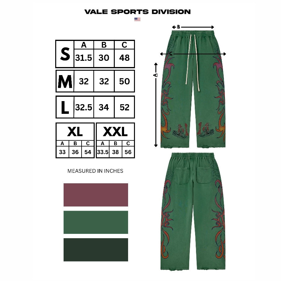 Vale Green Inferno Sweatpants size chart showing inseam, waist and hip columns with colour swatches