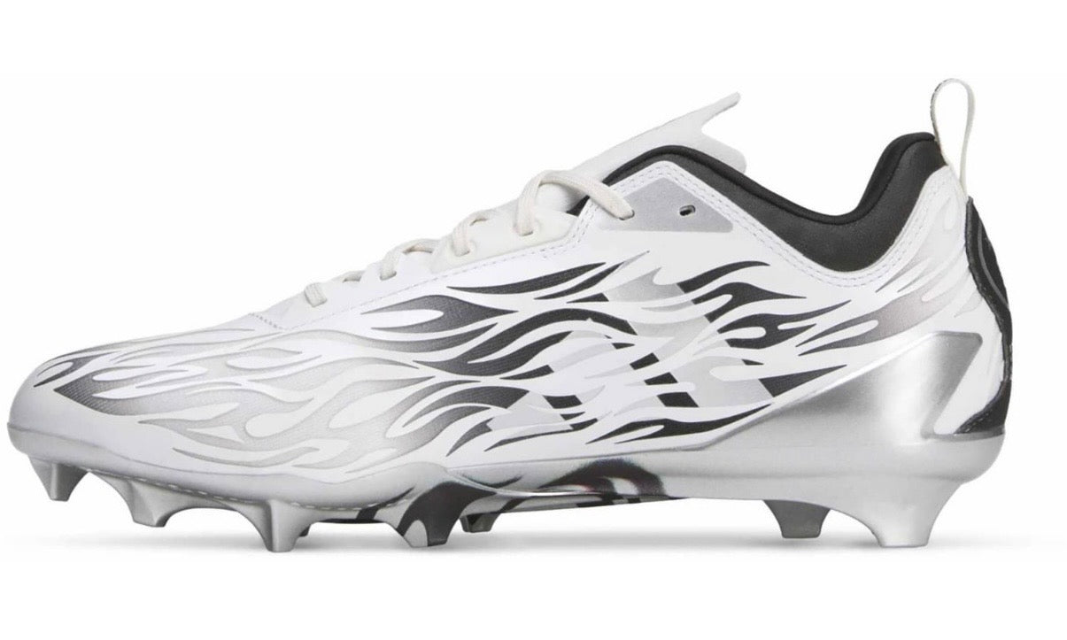 Hellstar Adidas Adizero Electric II White Black Silver, side view of the other cleat, white upper with black flames over silver