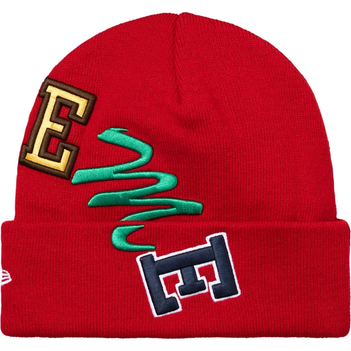 Supreme Red New Era Arc Beanie angled view showing tan, green and navy arc letters