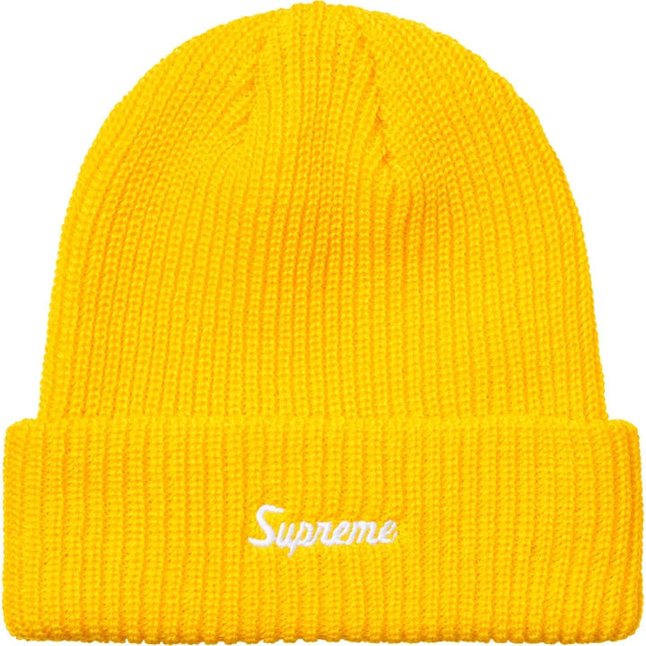 Bright golden yellow chunky ribbed beanie with white Supreme script on the cuff