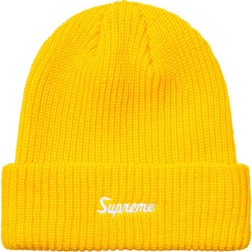Bright golden yellow chunky ribbed beanie with white Supreme script on the cuff