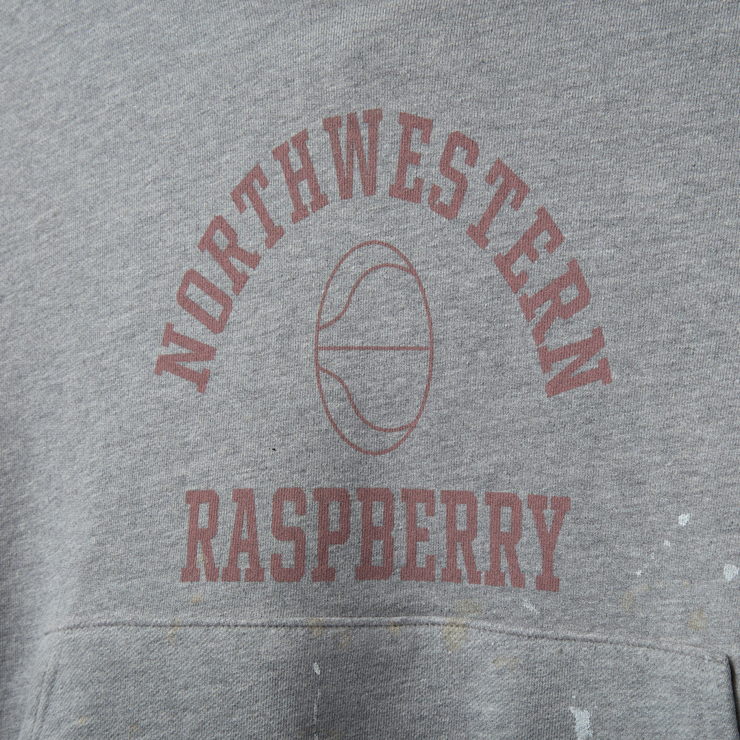 Close-up of the faded red NORTHWESTERN basketball RASPBERRY chest print