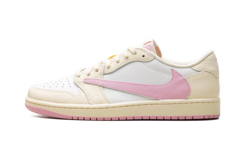 Travis Scott Jordan 1 Low Shy Pink, side view, white and cream leather upper with soft pink reversed swoosh and pink outsole