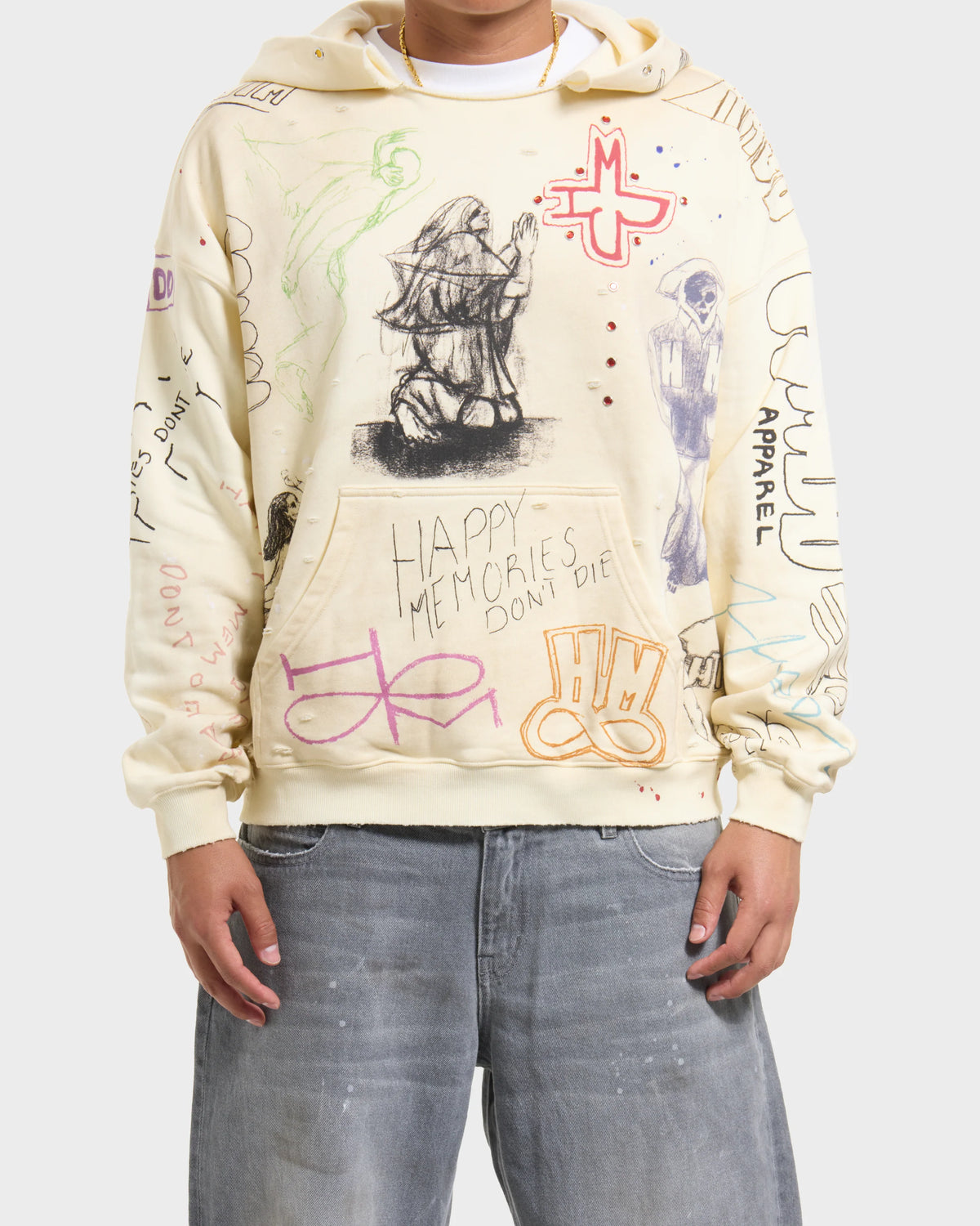HMDD Sketch Hoodie, cropped front shot on model showing pocket lettering, red cross motif and ribbed hem over grey jeans