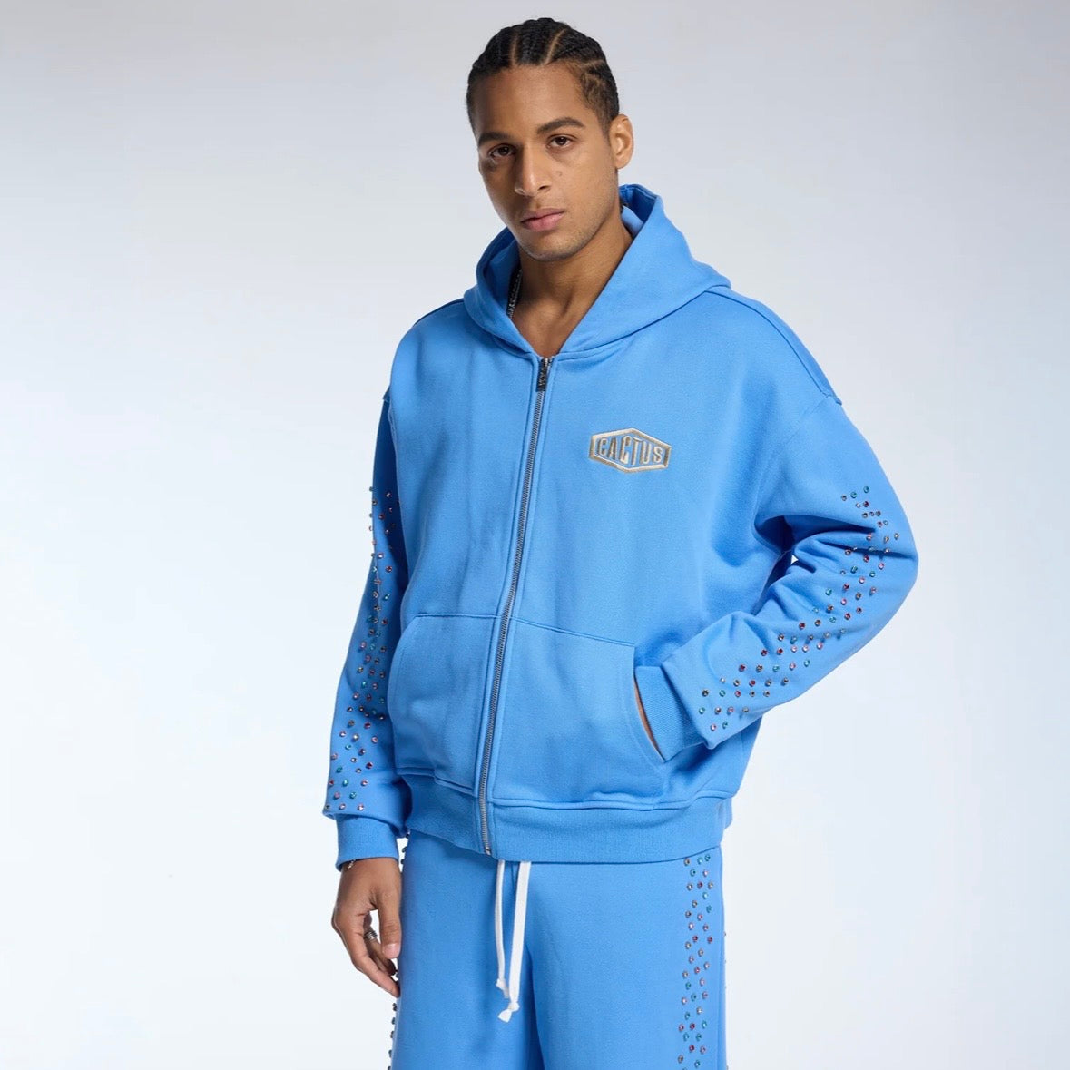 AZVA Baby Blue Crystal Cactus Zip Hoodie