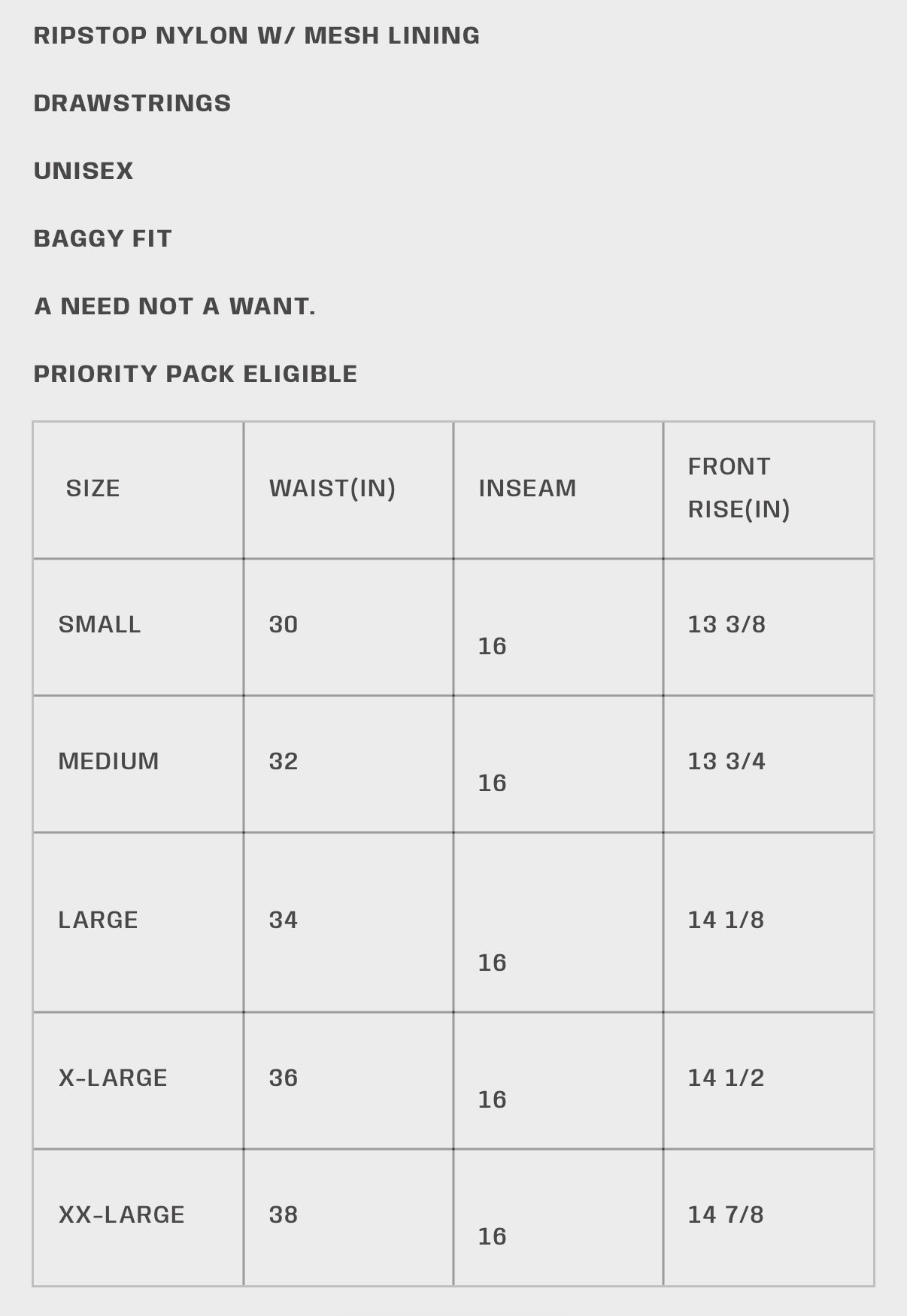 HMDD Gold Juggernaut 3/4 Shorts, size guide with waist, inseam and front rise in inches for small through XX-large