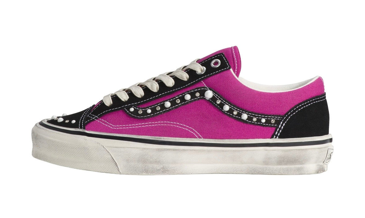 Vans OTW Old Skool 36 Pearlized Pack Pink Black, side view: magenta panel, black suede toe and heel, studded side stripe