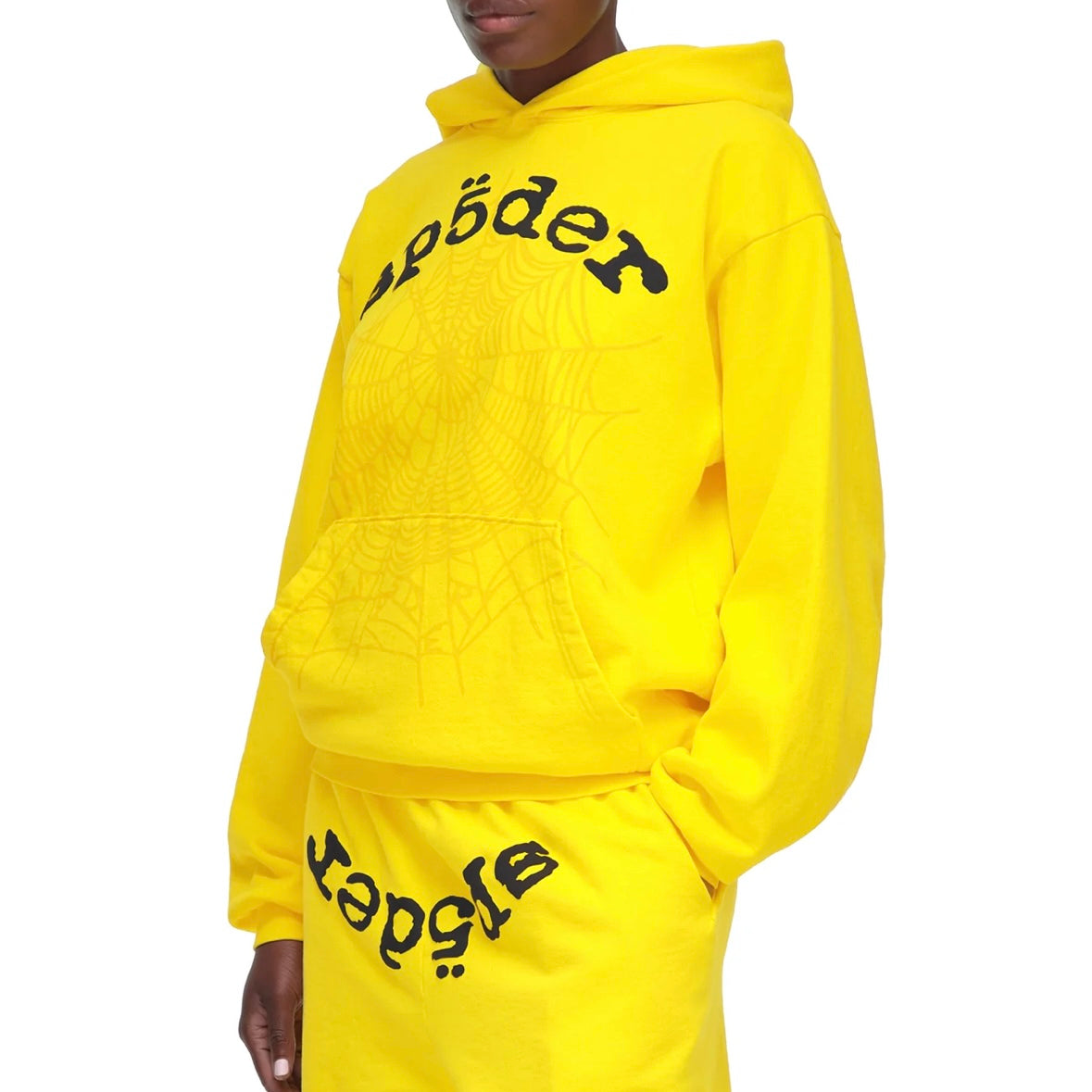 Sp5der Yellow Black Legacy Hoodie On Body Front Left Female