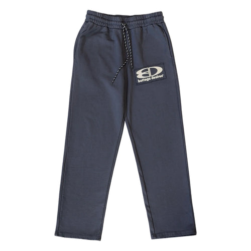 Bottega Desires Blue Tech Sweatpants, slate blue straight-leg sweatpants with a white oval logo at the thigh and drawstring waist