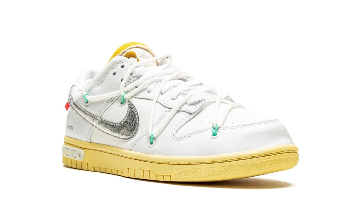 Off-White x Nike Dunk Low Lot 1, front three-quarter view of the white leather toe