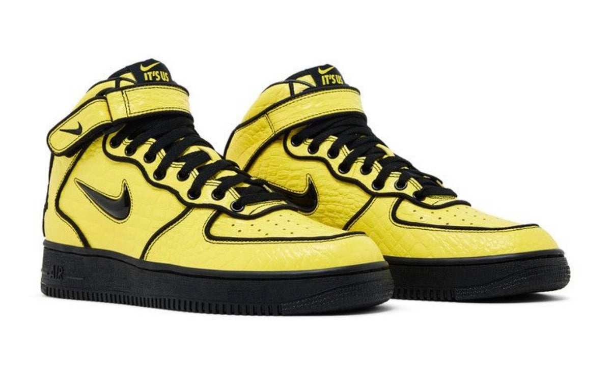 Nike Air Force 1 Mid Lil Yachty Concrete Boys Opti Yellow, pair at an angle showing the strap and black laces
