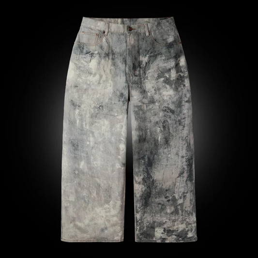 GV Gallery Painter Jeans front flat-lay — full-length baggy jeans under heavy grey, black and white paint coverage