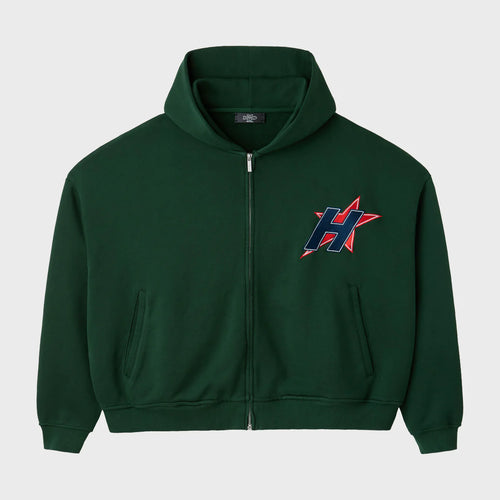 HMDD Green H-Star Zip Hoodie, dark green cropped zip hoodie with a navy and red star H logo on the chest and side pockets