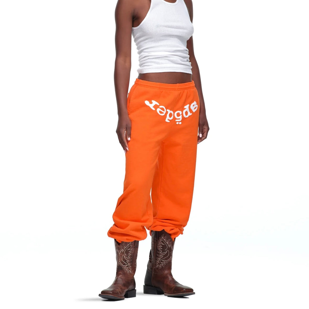 Sp5der Orange White Legacy Sweatpants On Body Front RIght