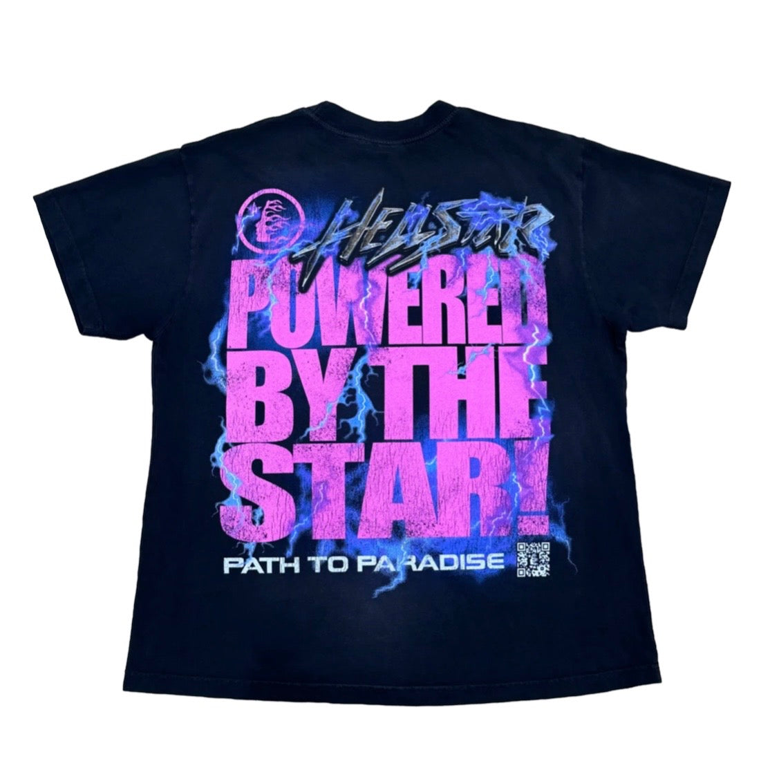 Hellstar Black Powered By The Star Tee back with a magenta slogan over blue lightning