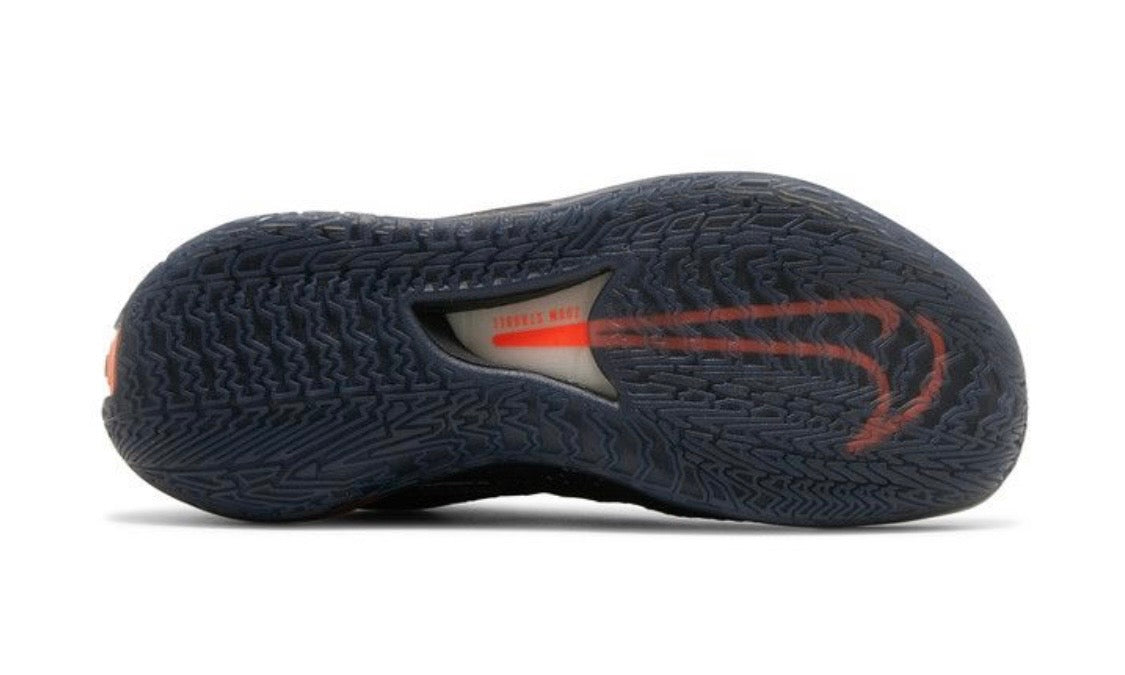 Nike Air Zoom GT Cut EYBL Black, outsole view of the dark herringbone tread with a red swoosh in the arch