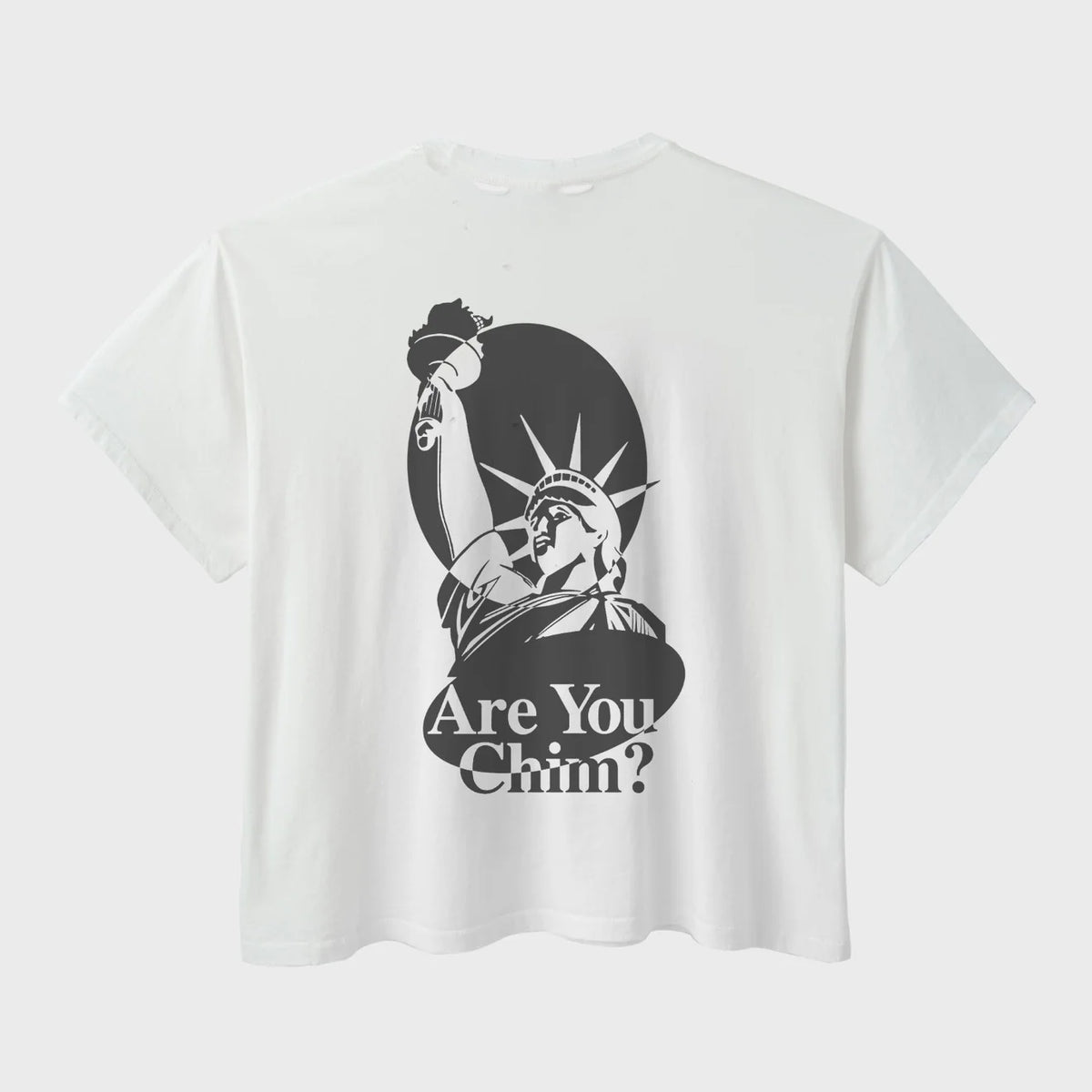 HMDD White Liberty T-Shirt, back with the Statue of Liberty and Are You Chim graphic in grey