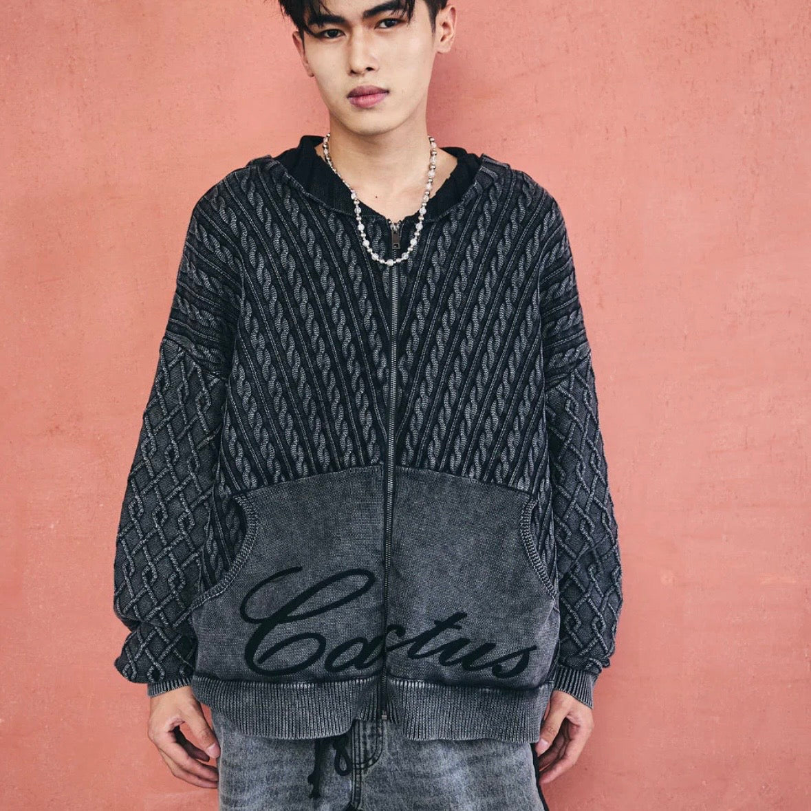 AZVA Grey Chain Knit Zip Hoodie
