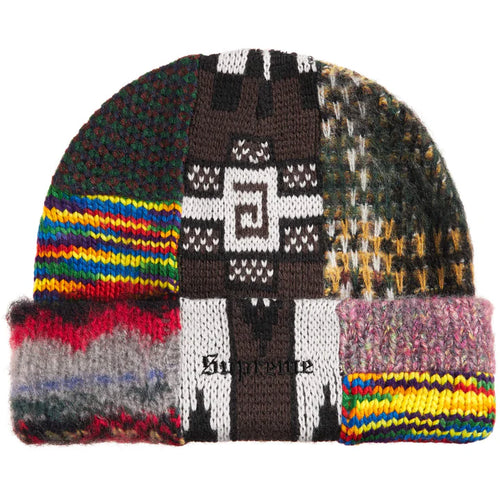 Supreme Brown Patchwork Beanie, chunky patchwork beanie in brown, rainbow stripes and fair-isle knit with script on the cuff