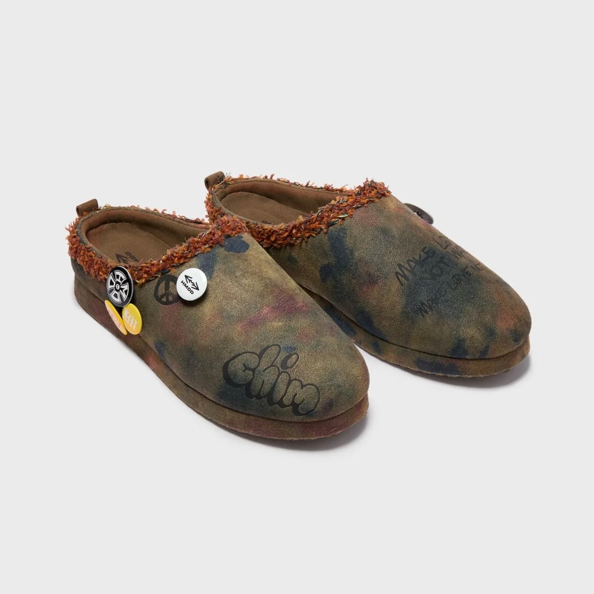 HMDD Graffiti Mule, angled view of the pair together, both clogs in mottled suede with orange shearling collars