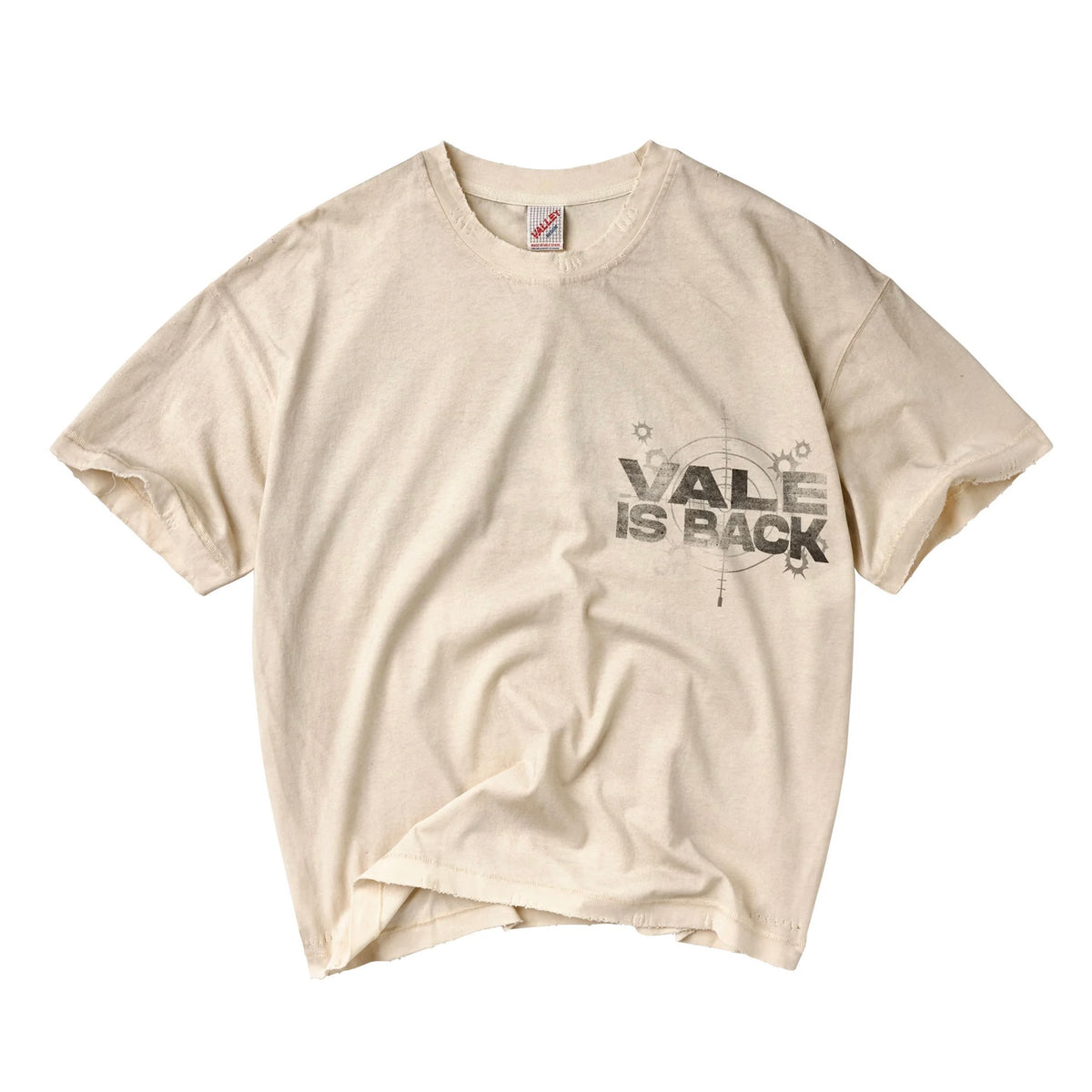 Vale Is Back T-Shirt front view in washed cream with the small crosshair chest print