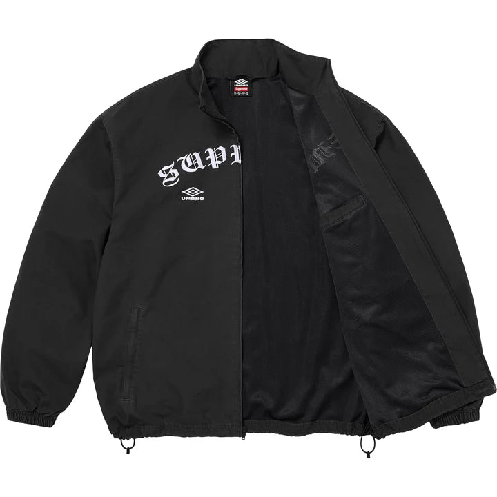 Black Supreme x Umbro track jacket unzipped, showing the black mesh lining