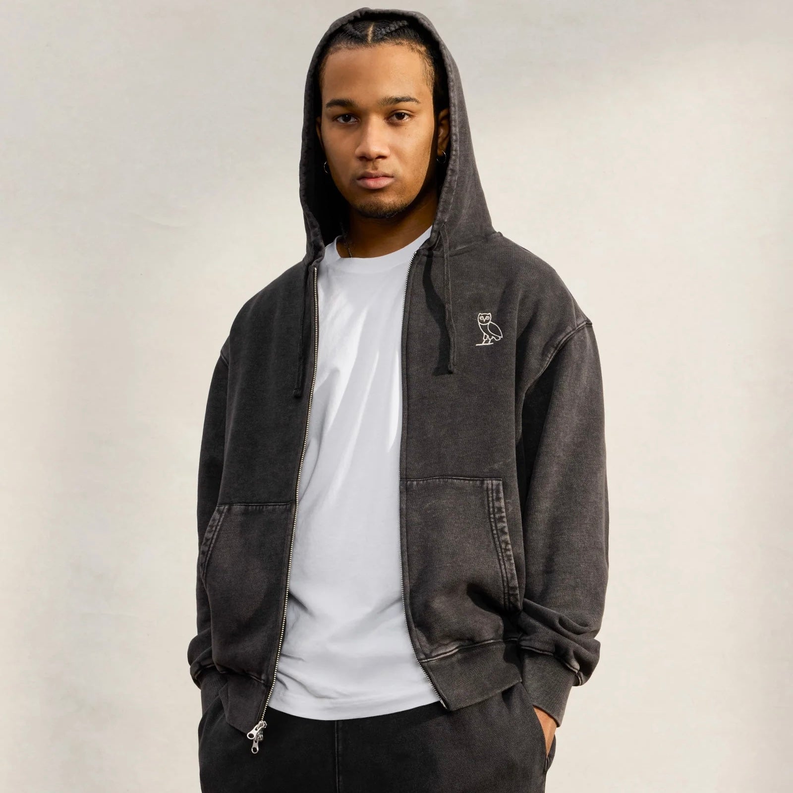 OVO Washed Black Silver Zip Hoodie On Body 1