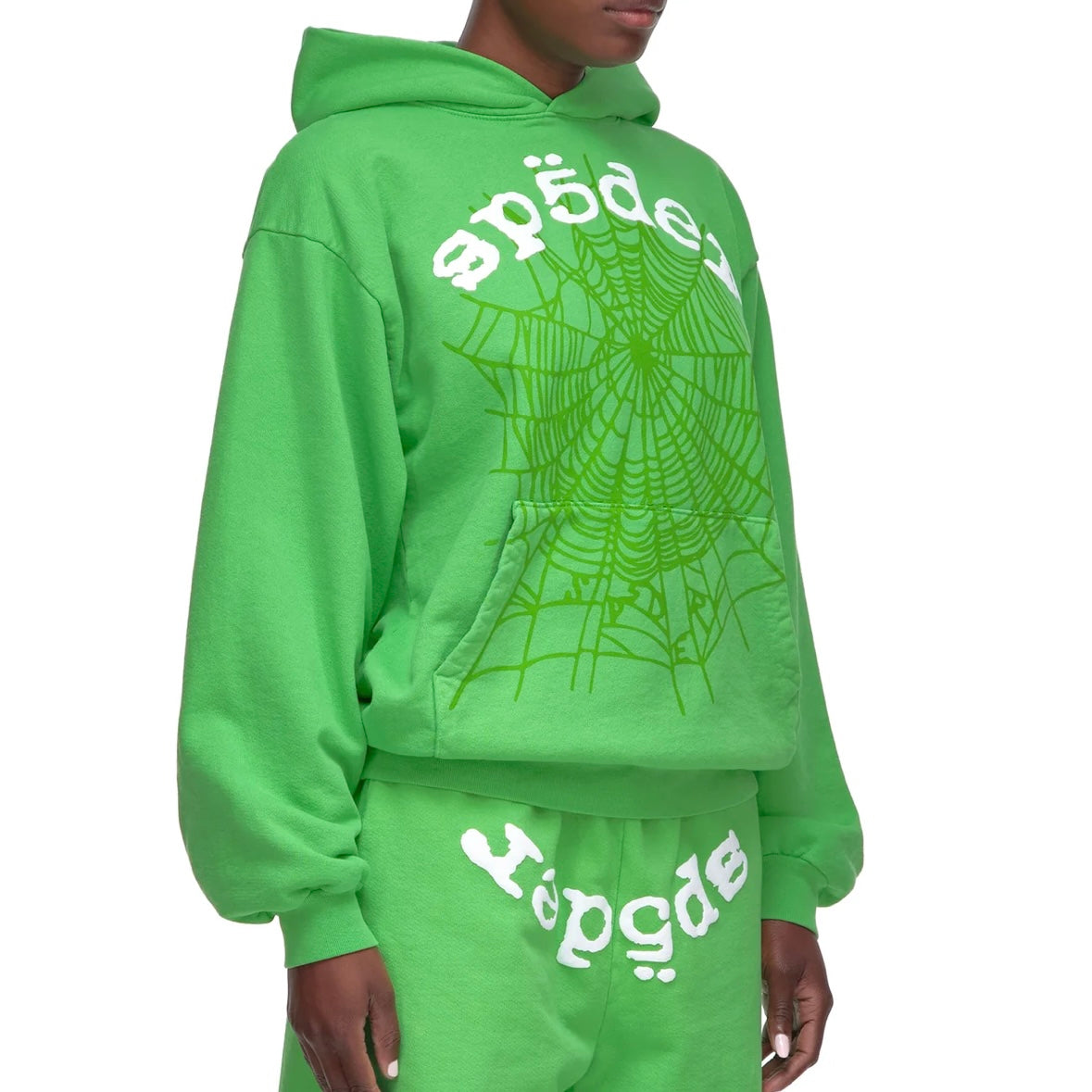 Sp5der Green White Legacy Hoodie On Body Front Right Female
