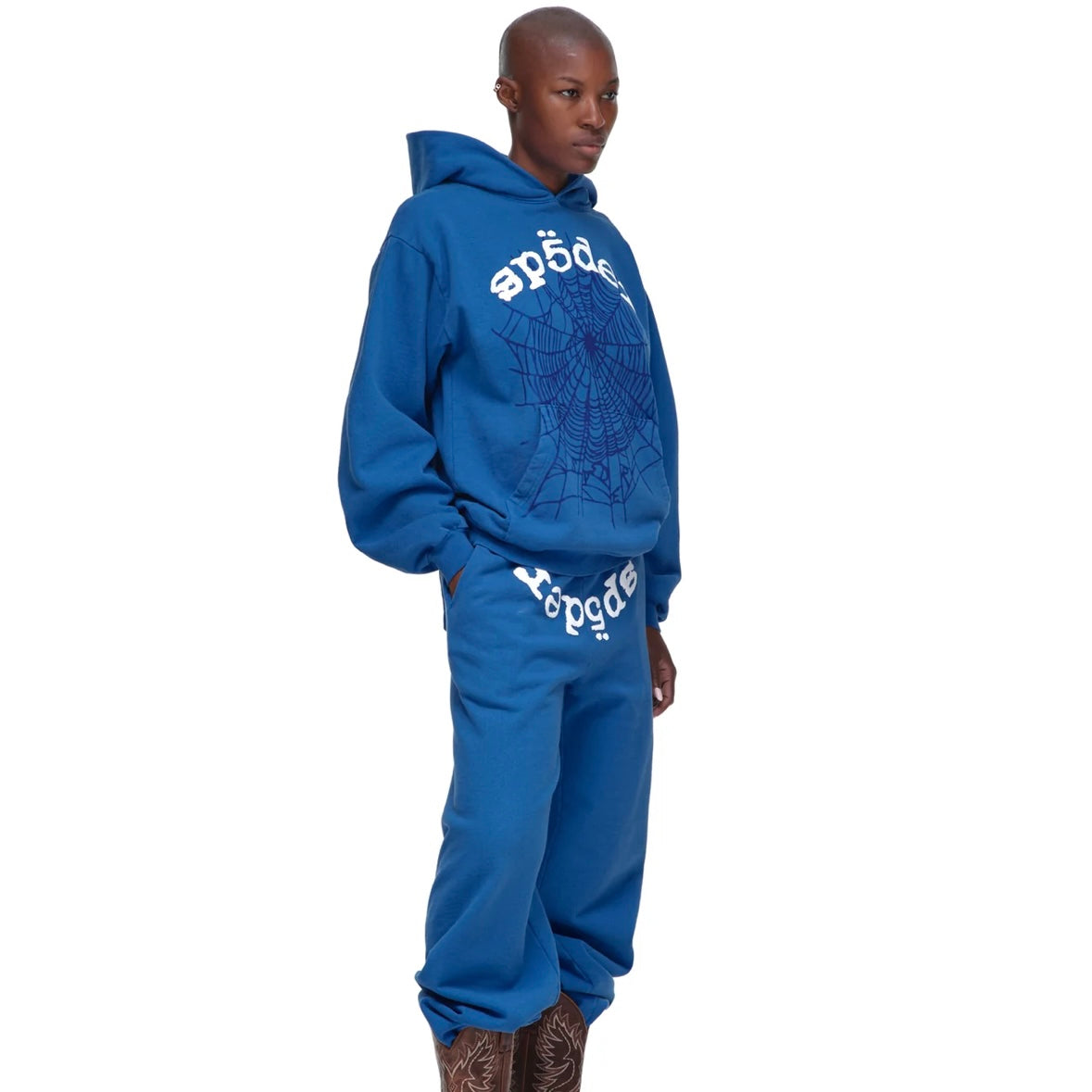 Sp5der Blue White Legacy Hoodie On Body Full Outfit Female