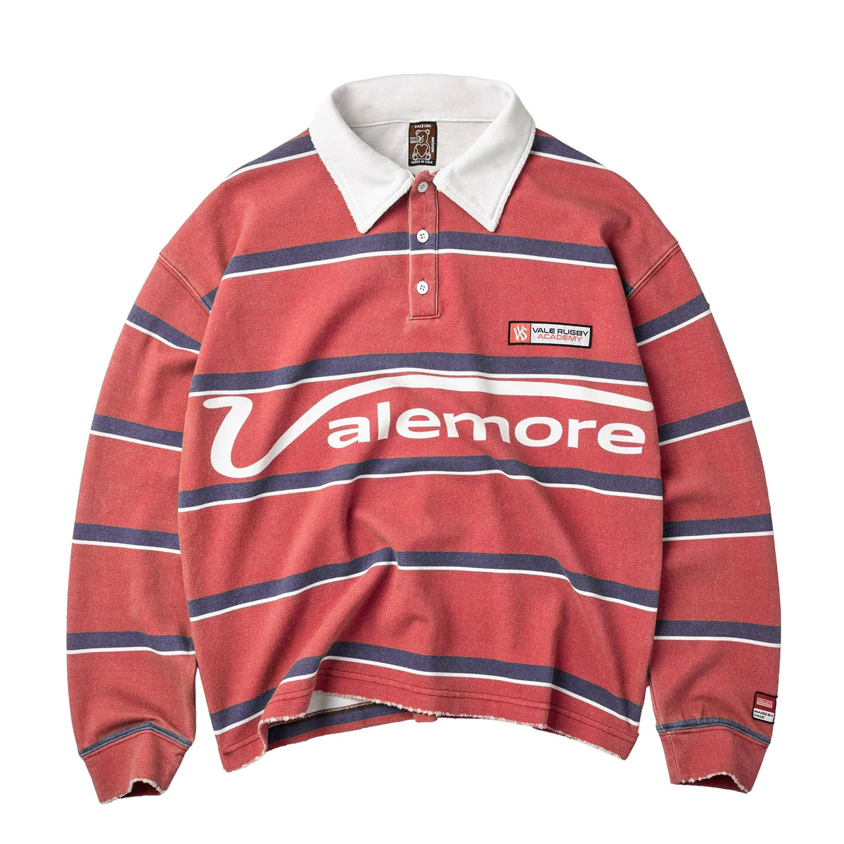 Vale Red Valemore Rugby Long Sleeve, faded red rugby with navy and white stripes, white collar and a white Valemore script across the chest