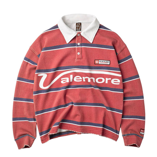 Vale Red Valemore Rugby Long Sleeve, faded red rugby with navy and white stripes, white collar and a white Valemore script across the chest