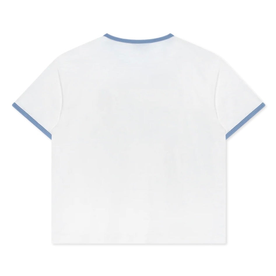 We Are Righteous Peace On Earth Ringer Tee plain back with light blue ribbed collar and cuffs