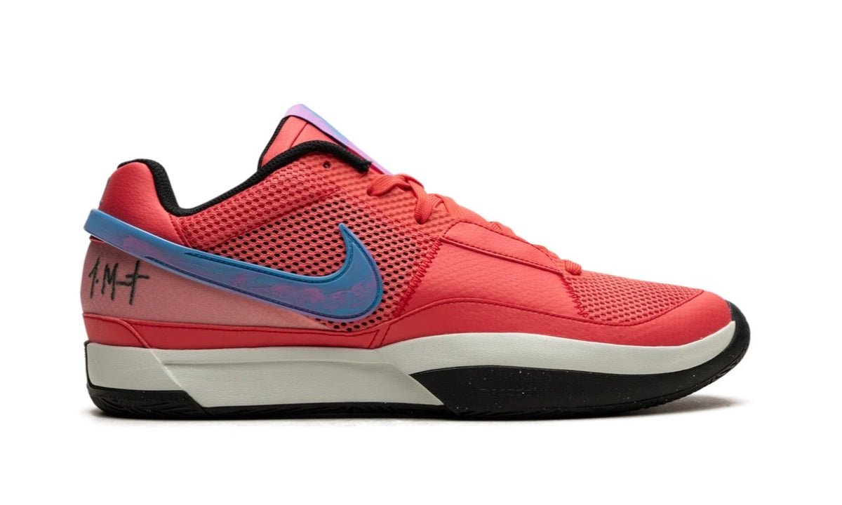 Nike Ja 1 Fuel, medial side profile with the blue Swoosh and black outsole edge