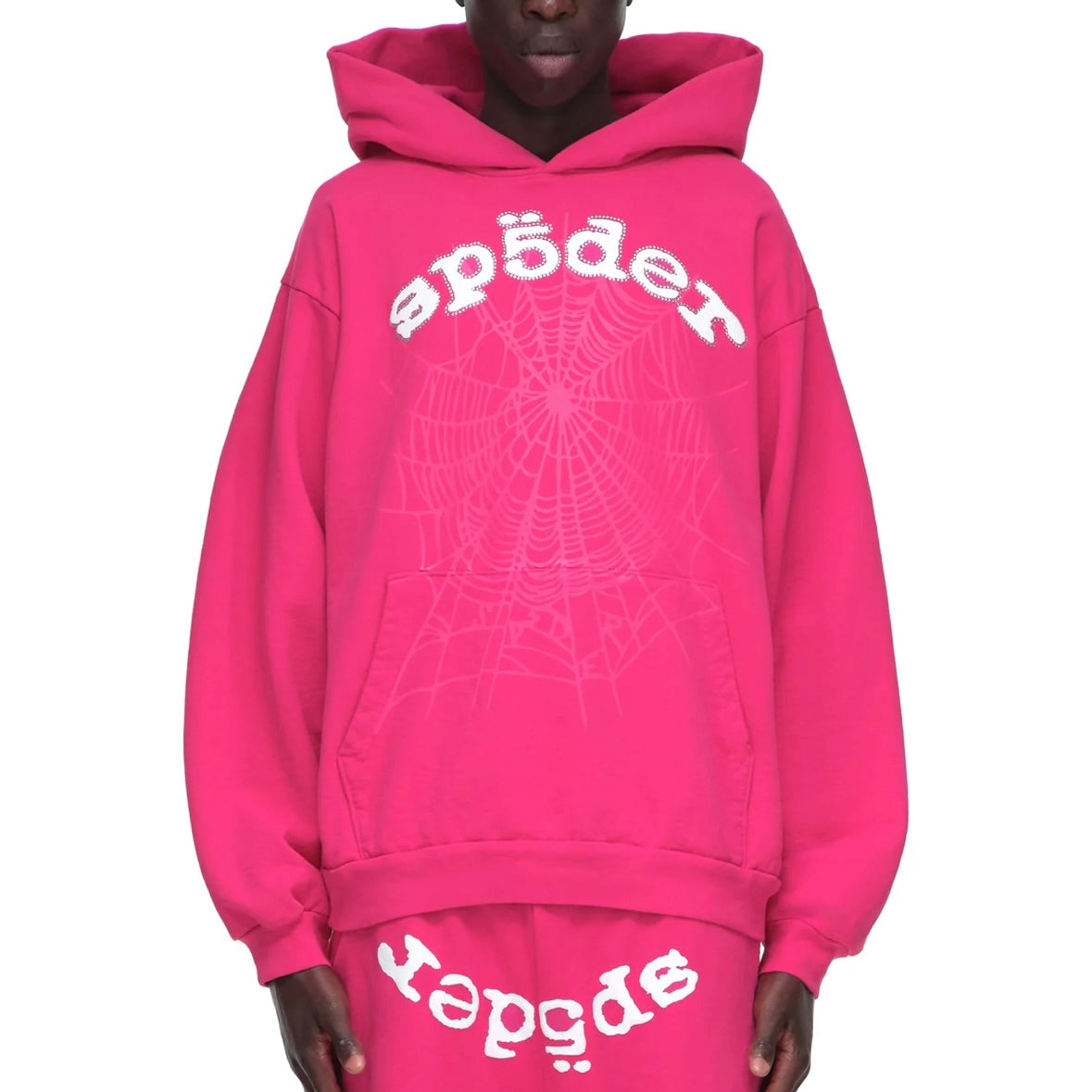 Sp5der Pink White Rhinestone Legacy Hoodie On Body Front Male