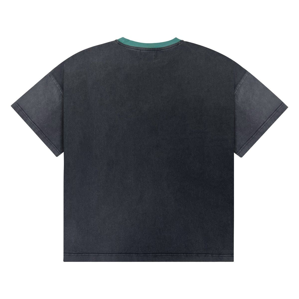 Stile De Amor Clover T-Shirt, back of the washed black tee with teal ribbed collar