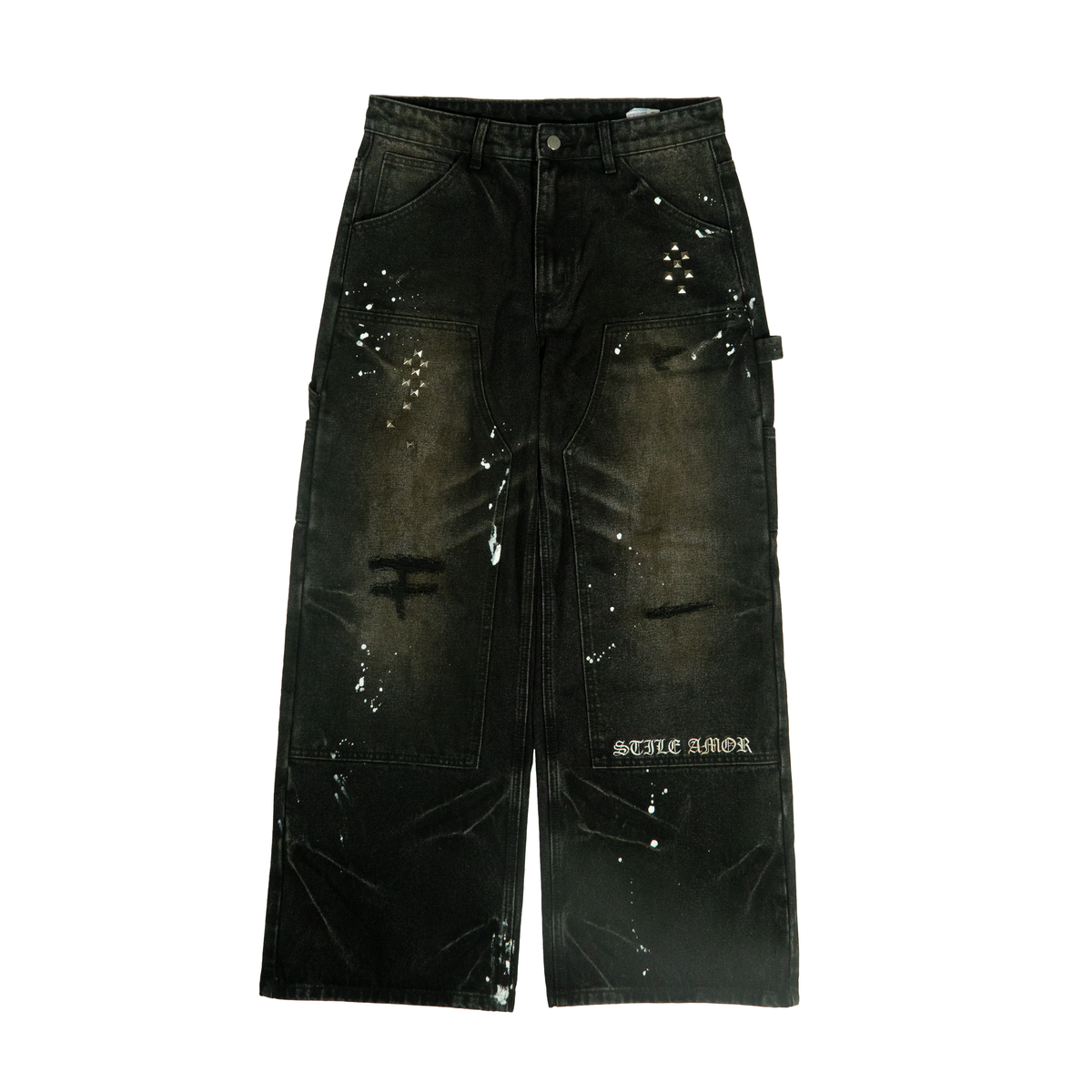 Stile De Amor 1950 Splatter denim pants in washed black with white paint splatter, wide straight legs and a hammer loop, front view
