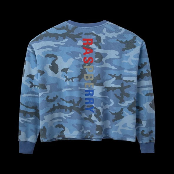Back of the blue camo thermal with large vertical multicolour RASPBERRY print