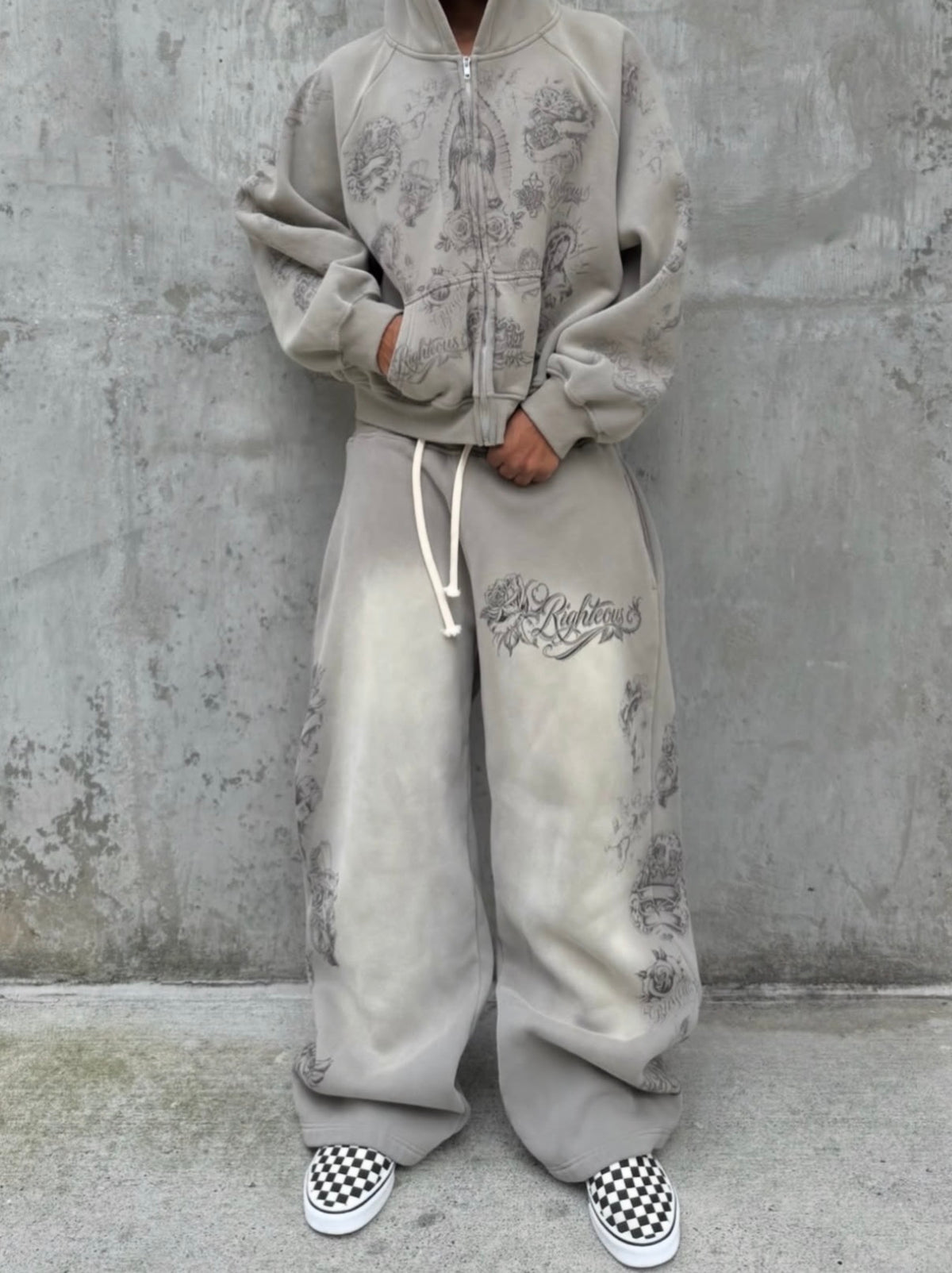 Model in the matching washed grey zip hoodie and wide-leg sweatpants set