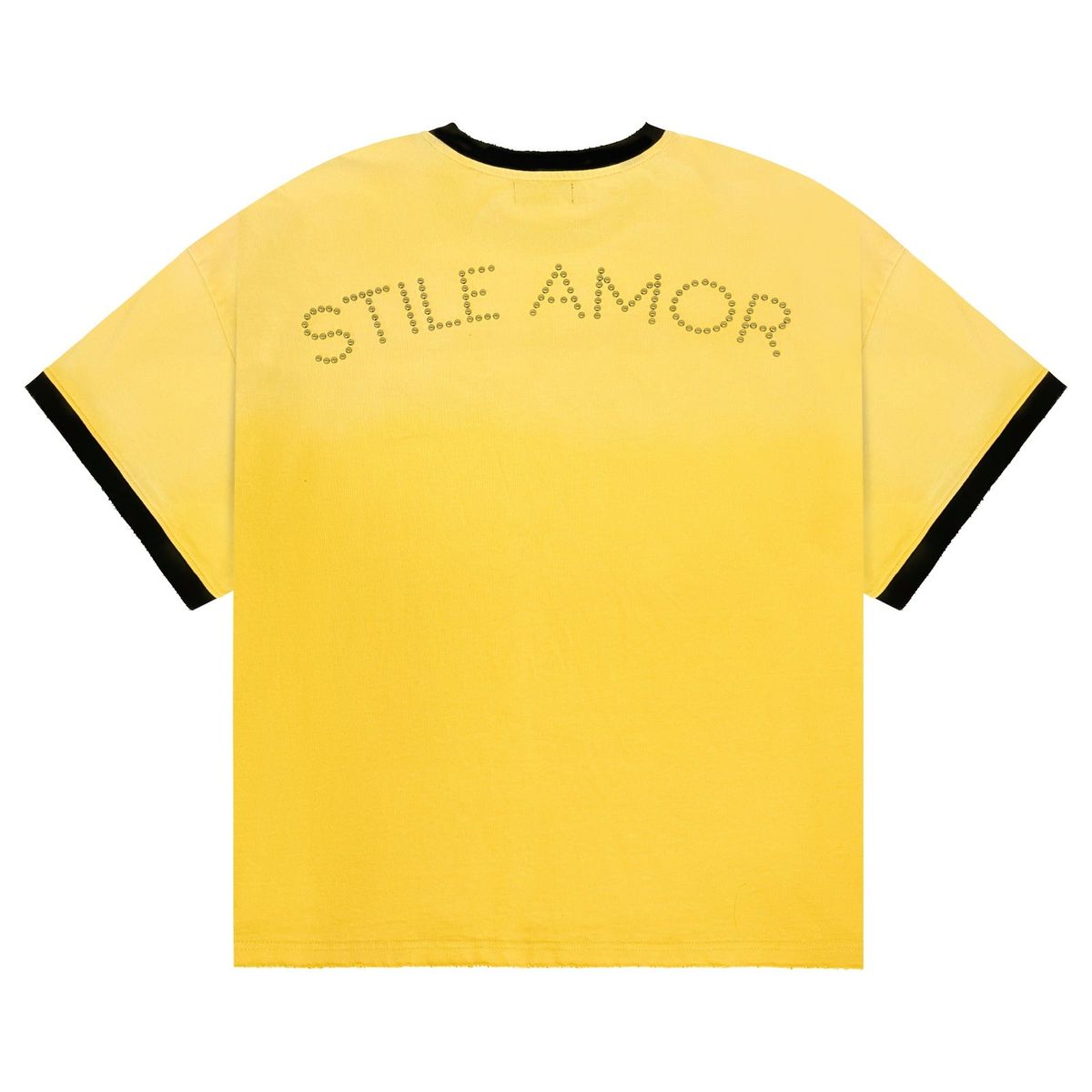 Stile De Amor Yellow Popolare T-Shirt, back of the yellow tee with STILE AMOR arched in faded black across the shoulders