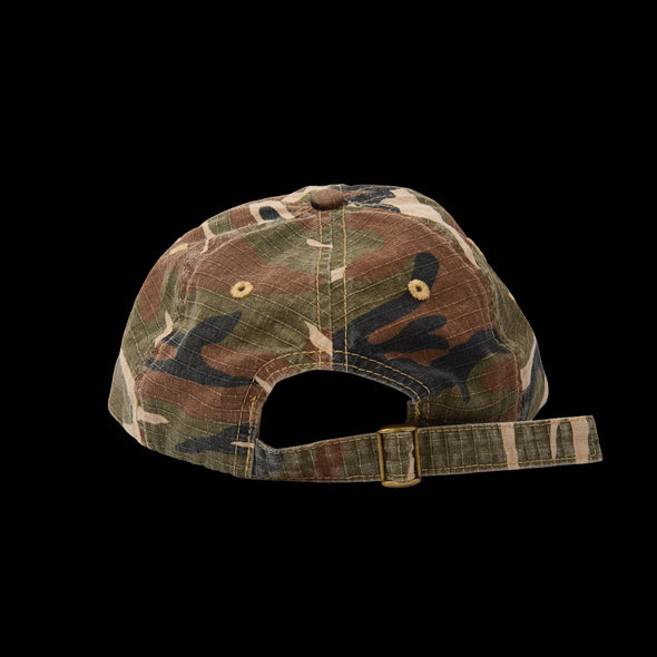 Back of the camo dad hat showing the fabric strap and metal slider buckle