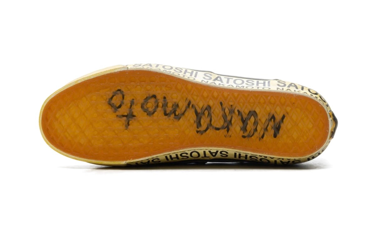 Vans Era 95 Satoshi Nakamoto Lucky Charm gum-toned outsole with handwritten Nakamoto lettering